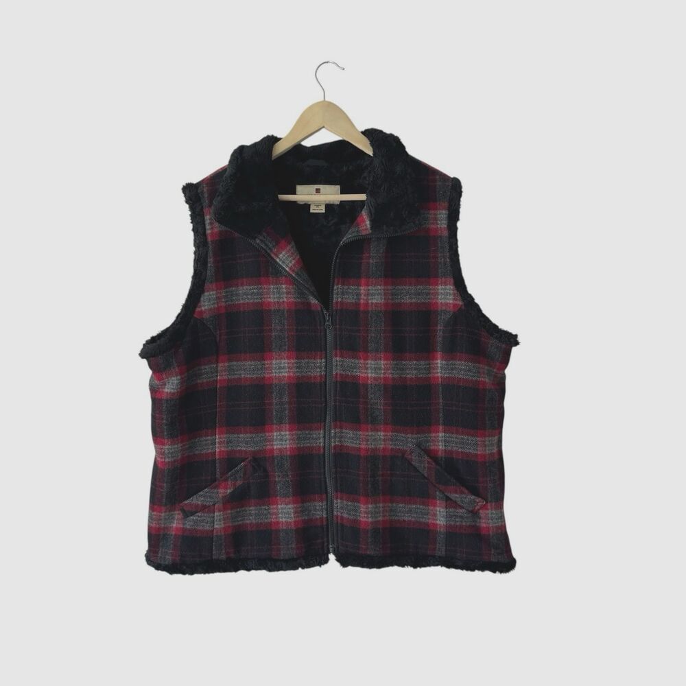 Woolrich 2XL Vest Wool Blend Faux Fur Lined Plaid Zip Sleeveless Jacket Womens